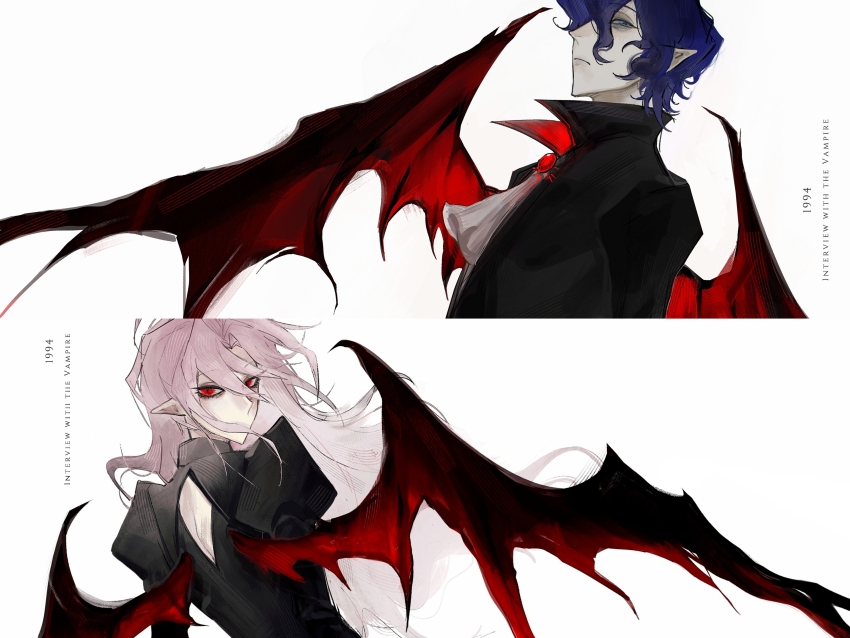 2boys, absurdres, alternate_costume, ascot, back_cutout, bat_wings, black_shirt, blue_eyes