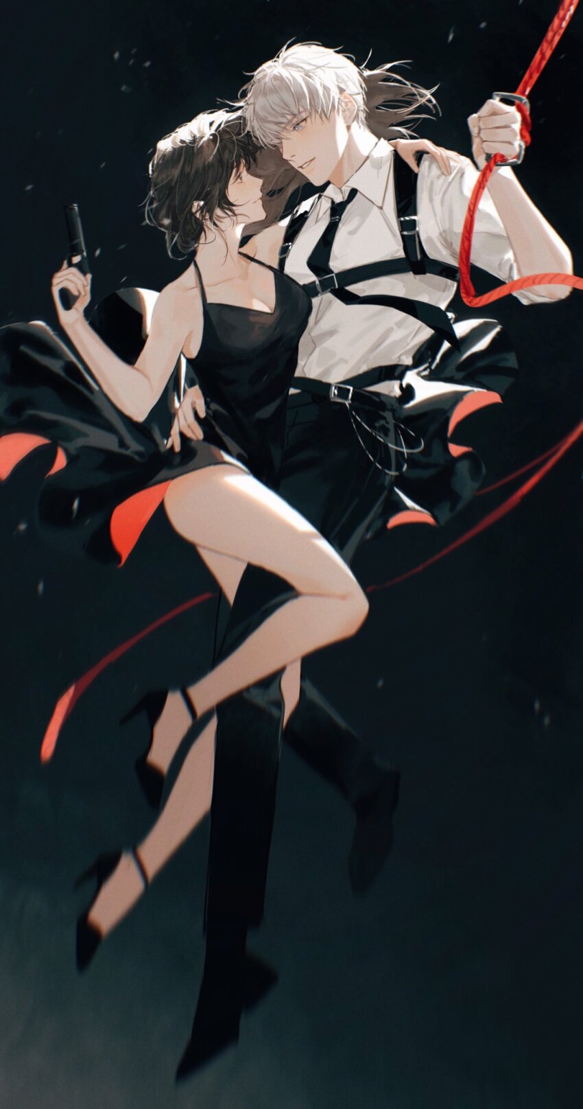 1boy, 1girl, belt, black_background, black_dress, black_footwear, black_hair, black_necktie, black_pants, breasts, cleavage, collarbone, collared_shirt, dress, formal_clothes, full_body, gun, hand_on_another's_waist, hetero, high_heels, highres, holding, holding_gun, holding_weapon, leg_lock, long_hair, long_sleeves, love_and_deepspace, midair, necktie, orihara0820, pants, protagonist_(love_and_deepspace), shirt, short_hair, weapon, white_hair, white_shirt, xavier_(love_and_deepspace)