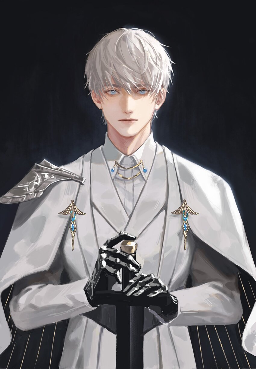 1boy, black_background, black_gloves, blue_eyes, closed_mouth, coat, collared_shirt, expressionless