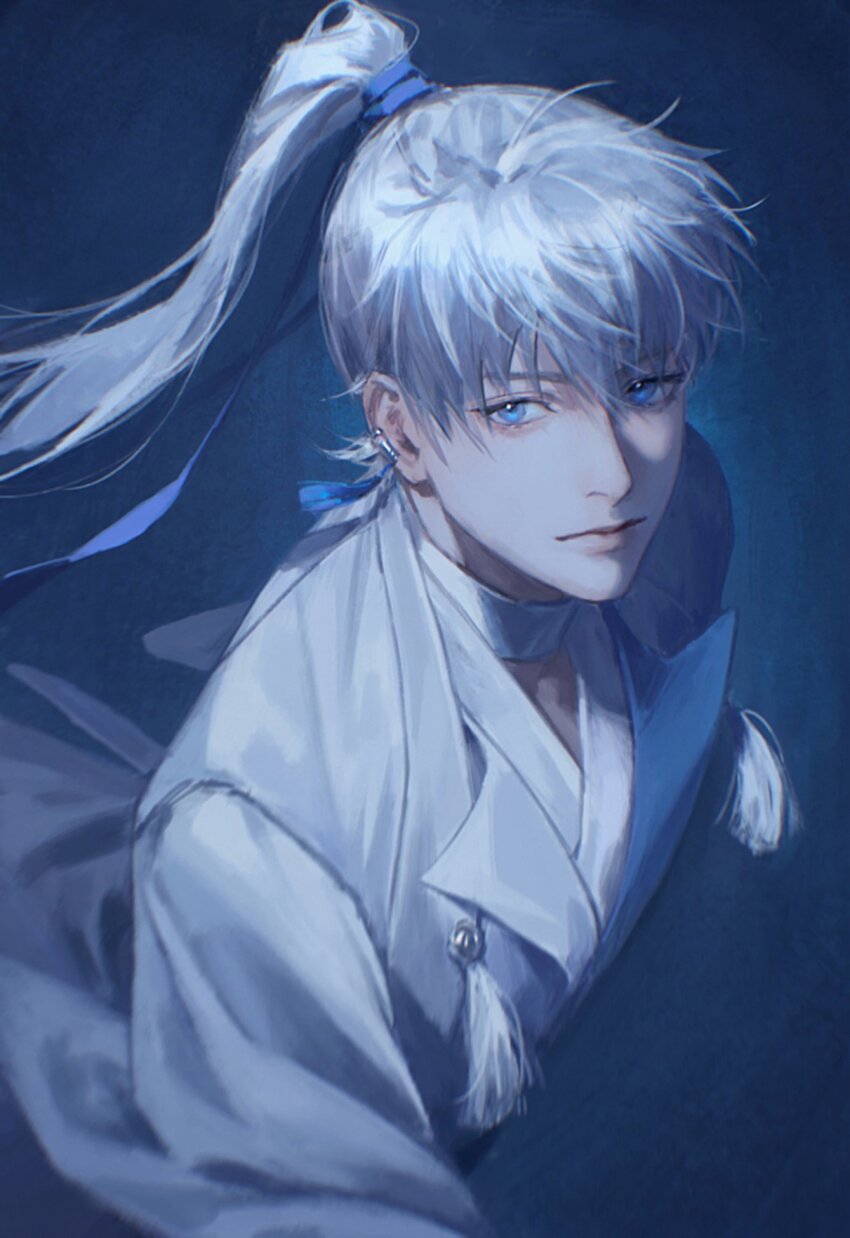 1boy, blue_background, blue_eyes, closed_mouth, ear_piercing, expressionless, hair_between_eyes, high_ponytail