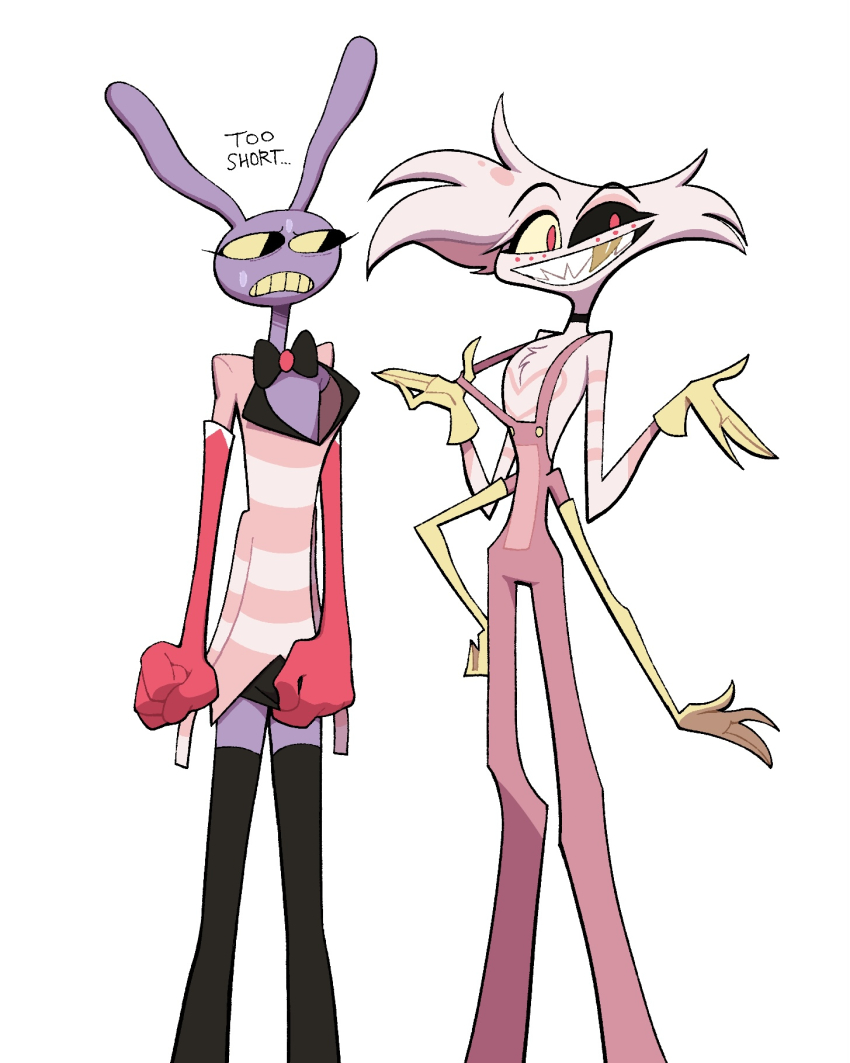 20daysapple, 2boys, angel_dust, animal_ears, black_bow, black_bowtie, black_choker, black_eyes, black_sclera, black_shorts, black_thighhighs, bow, bowtie, chest_fur, choker, cleavage_cutout, clenched_hand, clenched_teeth, clothing_cutout, colored_sclera, colored_skin, colored_teeth, commentary, cosplay, costume_switch, crossover, english_commentary, english_text, extra_arms, frown, gloves, golden_tooth, hand_on_own_hip, hands_up, hazbin_hotel, hellaverse, heterochromia, highres, jax_(the_amazing_digital_circus), looking_at_another, looking_at_viewer, looking_to_the_side, male_focus, multiple_boys, nervous, nervous_sweating, overalls, pink_eyes, pink_gloves, pink_overalls, pocket, pulling_at_clothes, pulling_own_clothes, purple_skin, rabbit_boy, rabbit_ears, sharp_teeth, shorts, smile, sweat, teeth, the_amazing_digital_circus, thighhighs, white_background, yellow_buttons, yellow_gloves, yellow_sclera, yellow_teeth