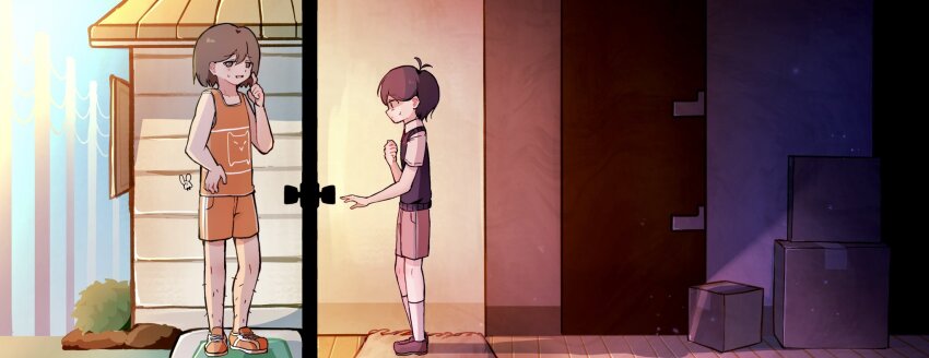 007f89_siyo, 2boys, black_hair, black_sweater_vest, brown_eyes, brown_footwear, brown_hair, brown_shorts