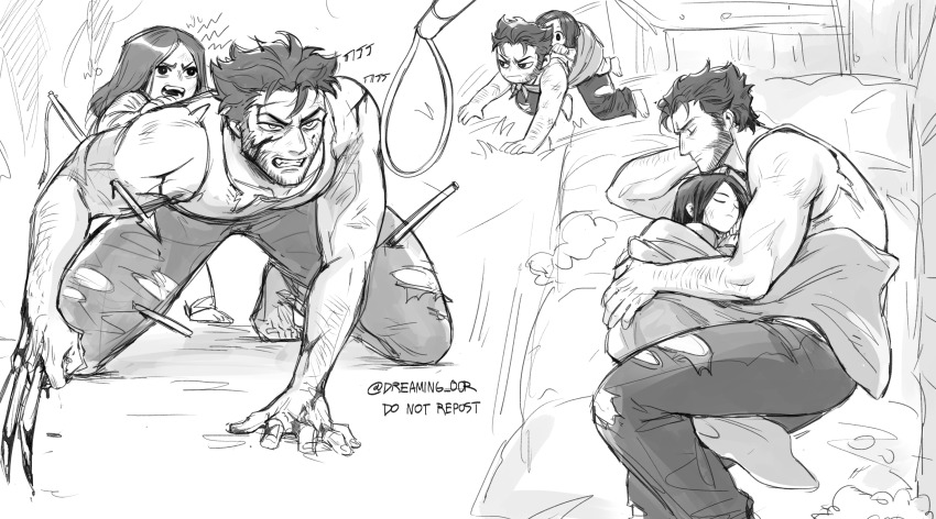 1boy, 1girl, all_fours, alternate_universe, beard, bed, bleeding, blood, blood_on_face, bloody_weapon, claw_(weapon), clenched_teeth, closed_eyes, closed_mouth, commentary_request, dreaming_oor, facial_hair, father_and_child, father_and_daughter, greyscale, highres, hissing, holding, hug, impaled, injury, long_hair, marvel, monochrome, muscular, muscular_male, pants, parent_and_child, pillow, short_hair, sleeping, stab, tank_top, teeth, torn_clothes, torn_pants, twitter_username, weapon, wolverine_(x-men), x-23, x-men