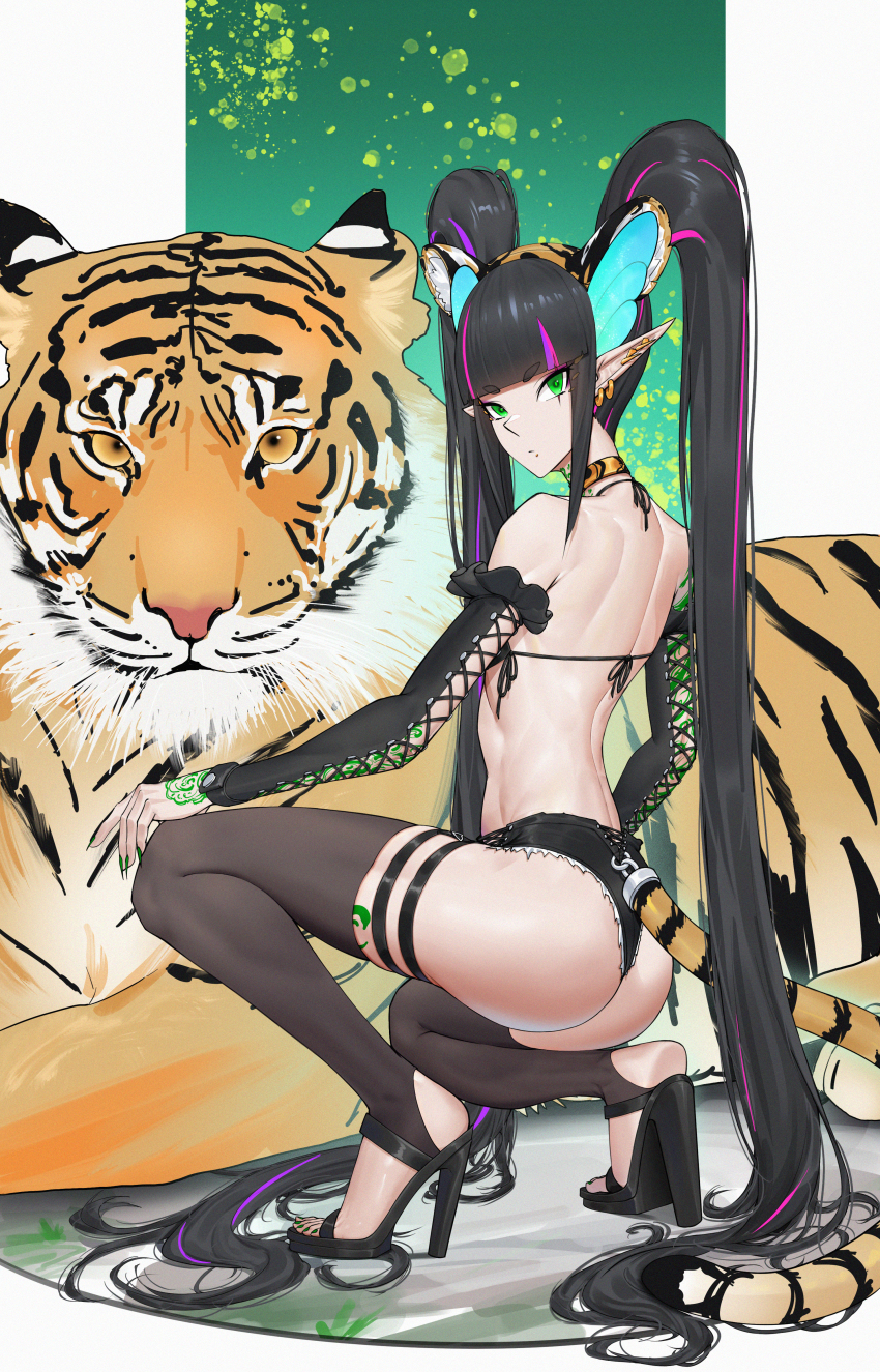 1girl, absurdres, amisha_i, animal_ears, arm_tattoo, ass, bare_back, black_hair