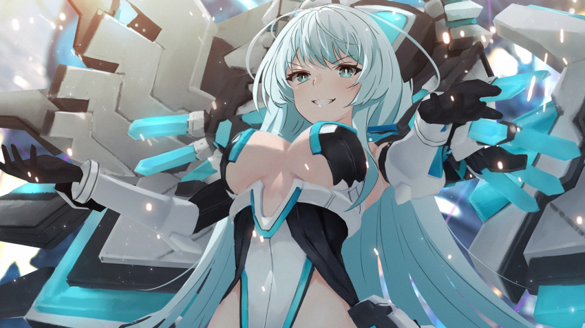 1girl, black_gloves, blue_eyes, blue_hair, breasts, gloves, highleg, highleg_leotard