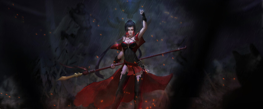 1boy, 1girl, amisha_i, arm_up, black_leotard, breasts, capelet, cleavage