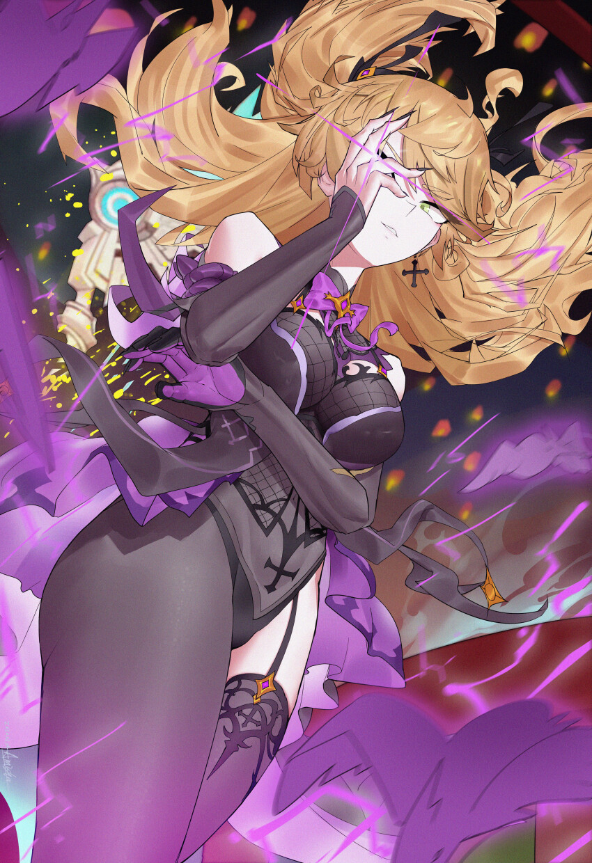 1girl, absurdres, amisha_i, asymmetrical_legwear, bare_shoulders, blonde_hair, bodystocking, bow, bowtie, breasts, cross, cross_earrings, dutch_angle, earrings, fischl_(genshin_impact), garter_straps, genshin_impact, green_eyes, hair_ribbon, hand_over_eye, highres, jewelry, long_hair, looking_at_viewer, medium_breasts, motion_blur, parted_lips, purple_bow, purple_bowtie, ribbon, single_leg_pantyhose, single_thighhigh, smile, solo, thighhighs, two_side_up