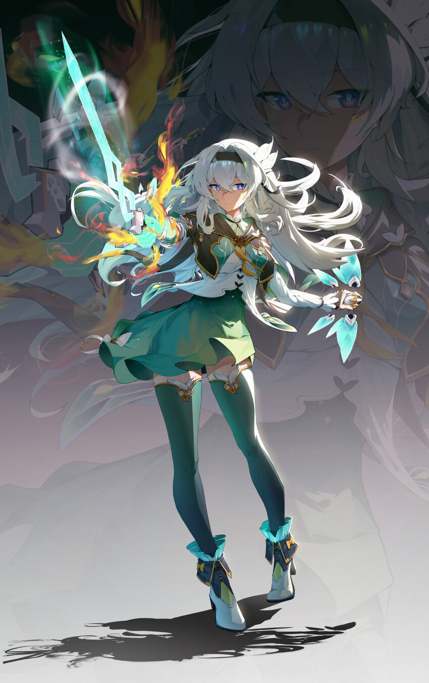 1girl, absurdres, amisha_i, aqua_skirt, aqua_thighhighs, black_hairband, black_jacket, breasts