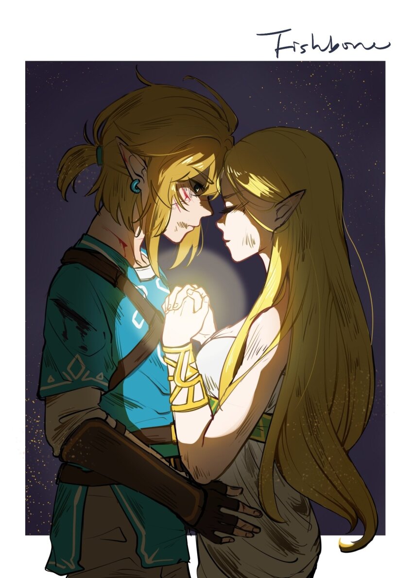 1boy, 1girl, artist_name, blonde_hair, blood, blood_on_clothes, blood_on_face, border