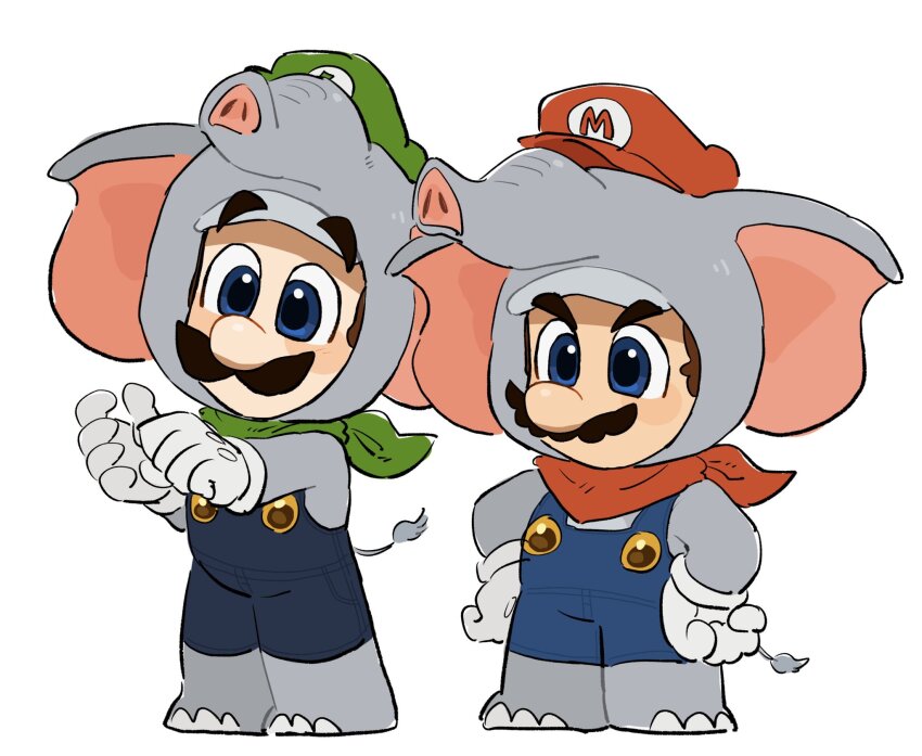 2boys, blue_eyes, blue_overalls, blush, brothers, clenched_hands, commentary_request, elephant_boy