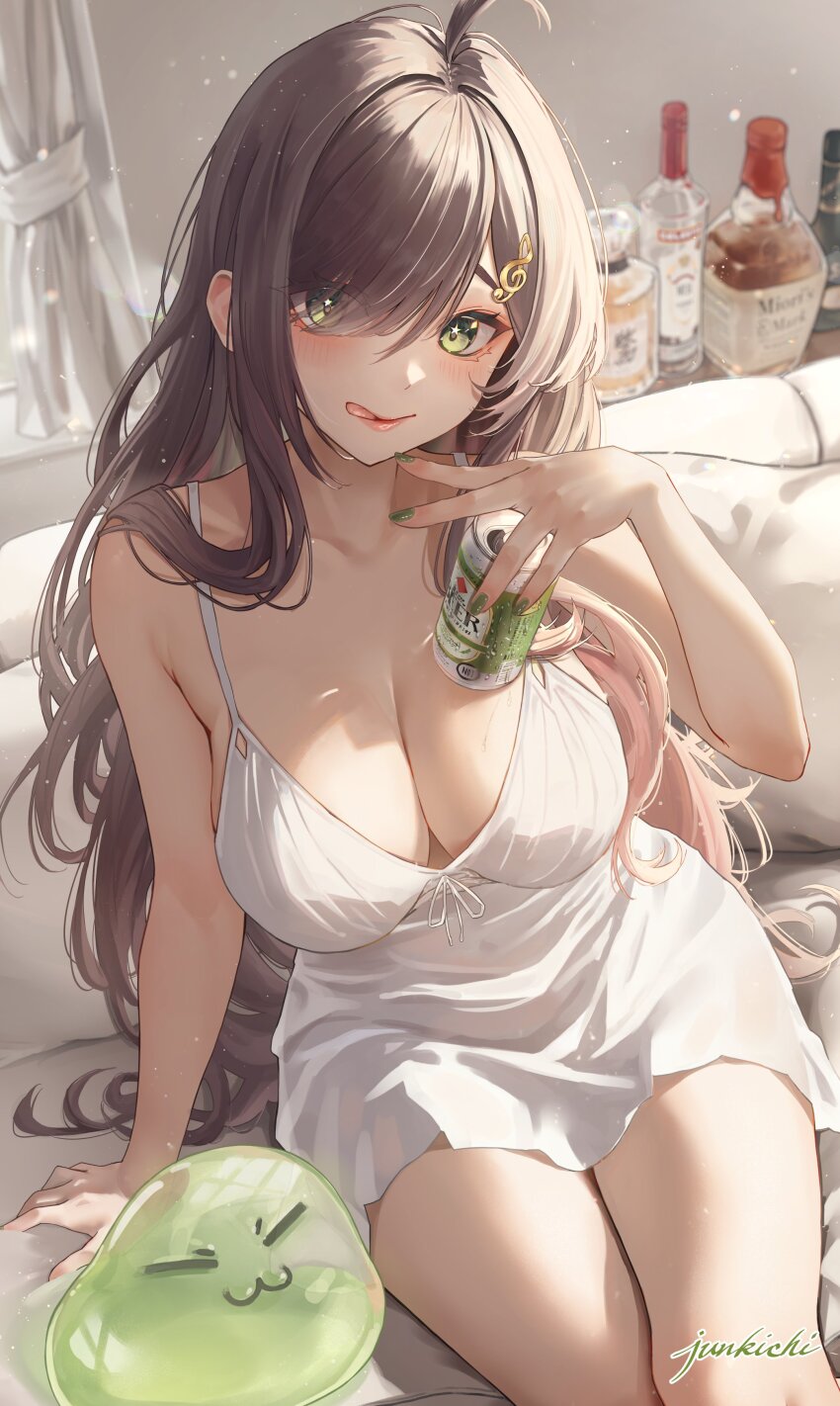 1girl, :q, absurdres, ahoge, alternate_costume, bare_shoulders, beer_can, breasts