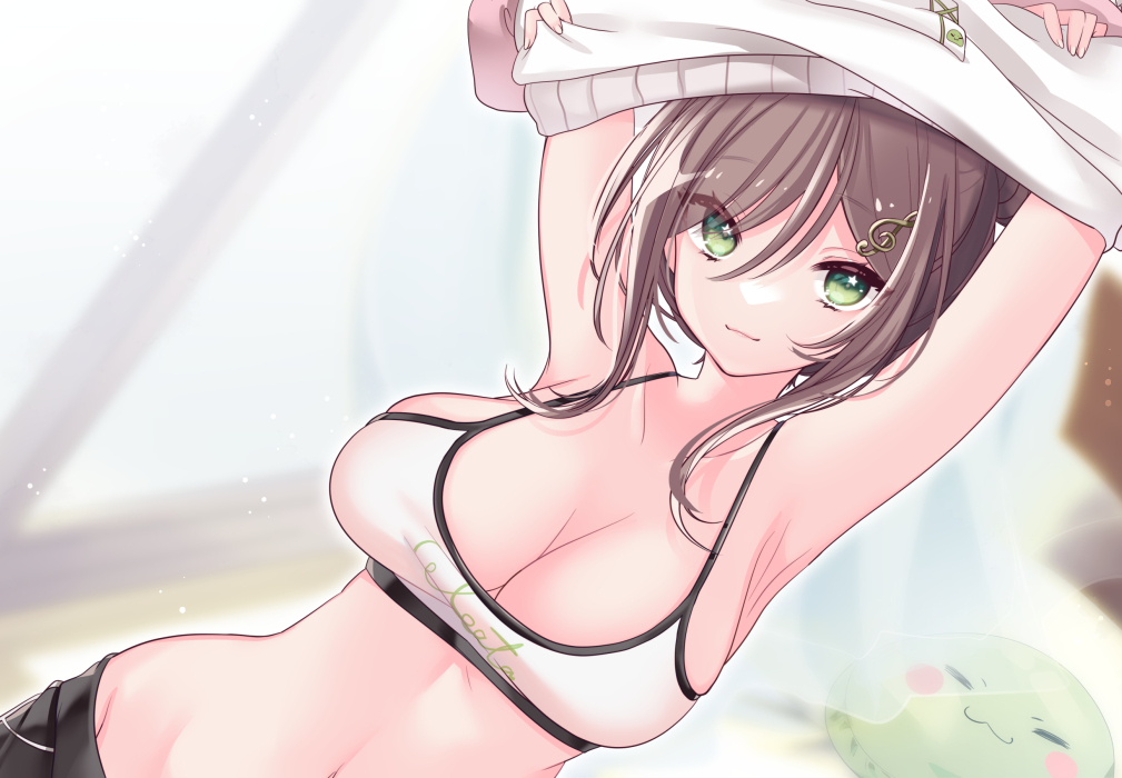 1girl, :3, ama_natsuko, armpits, arms_up, bare_shoulders, black_shorts, blurry