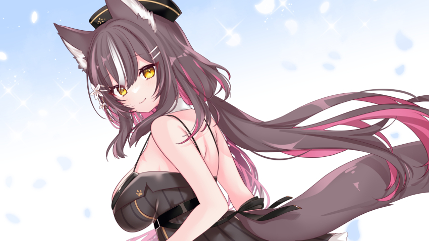 1girl, ama_natsuko, animal_ears, bare_arms, bare_shoulders, belt, black_dress, black_hat