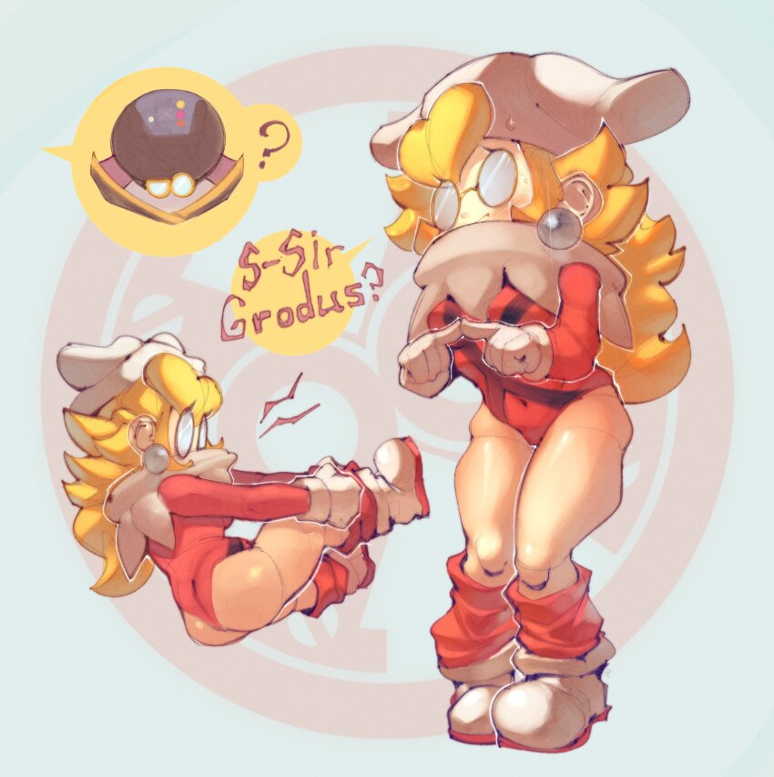 ?, absurdres, ass, blonde_hair, blue_background, blush, breasts, covered_navel, dressing, earrings, english_text, from_behind, glasses, gloves, hat, highres, index_fingers_together, jewelry, legs_together, leotard, long_hair, mario_(series), medium_breasts, multiple_views, nintendo, onimiere, opaque_glasses, paper_mario, paper_mario:_the_thousand-year_door, princess_peach, red_leotard, round_eyewear, scene_reference, shoes, sir_grodus, sitting, sparkle, speech_bubble, sphere_earrings, standing, sweatdrop, white_footwear, white_gloves, white_hat, x-naut