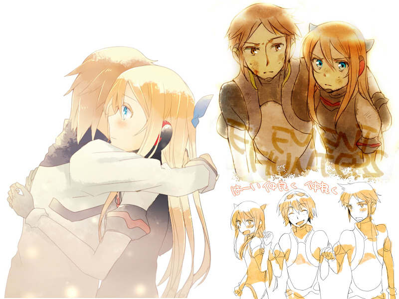 00s, 1girl, 2boys, arm_around_neck, arm_around_shoulder, blue_eyes, blush, bodysuit, brown_eyes, brown_hair, chiara_ferina, couple, dirty, element_hunters, eyewear_on_head, hetero, holding_hands, hug, long_hair, multiple_boys, red_hair, rodney_ford, sepia, takana_(nanao), tom_benson, translated