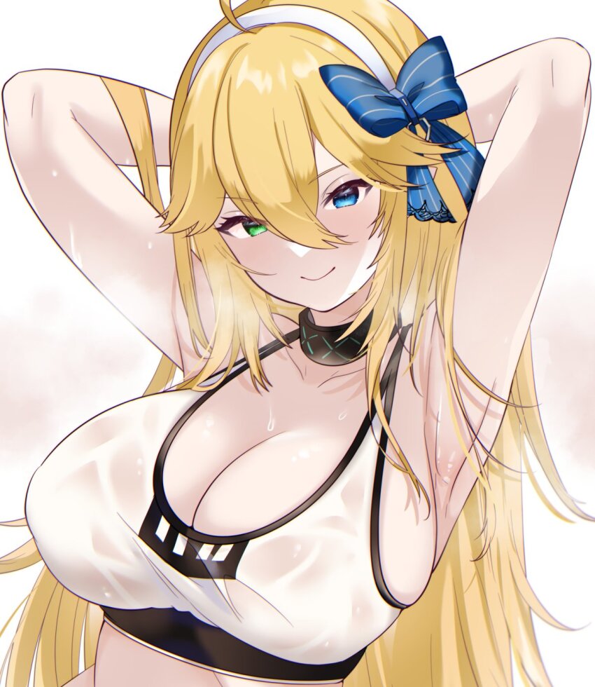 1girl, ahoge, ama_natsuko, angelina_(arknights), angelina_(arknights)_(cosplay), angelina_(sports)_(arknights), arknights, armpits, arms_behind_head, arms_up, bare_arms, bare_shoulders, black_choker, blonde_hair, blue_eyes, bow, bra, breasts, choker, cleavage, closed_mouth, collarbone, commission, cosplay, crop_top, green_eyes, hair_between_eyes, hair_bow, hairband, heavy_breathing, heterochromia, highres, infection_monitor_(arknights), large_breasts, long_hair, looking_at_viewer, midriff, phantasy_star, phantasy_star_online_2, phantasy_star_online_2_new_genesis, see-through_clothes, shirt, simple_background, skeb_commission, sleeveless, sleeveless_shirt, smile, solo, sports_bra, sweat, sweaty_clothes, underwear, upper_body, very_long_hair, wet, wet_clothes, wet_shirt, white_background, white_shirt