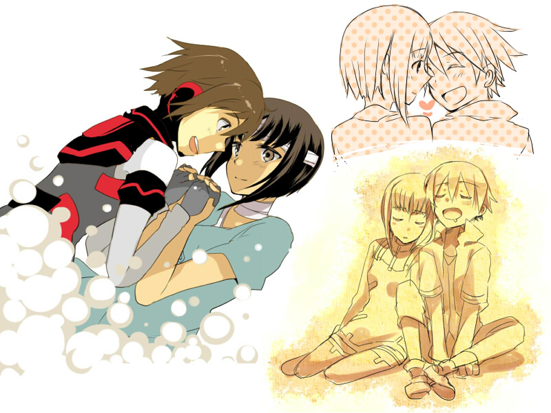 00s, 1boy, 1girl, ally_connolly, androgynous, bandages, bodysuit, brown_eyes, brown_hair, closed_eyes, couple, drooling, element_hunters, head_on_another's_shoulder, hetero, holding_hands, hospital_gown, ren_karas, sepia, short_hair, sidelocks, sitting, sleeping, smile, takana_(nanao)