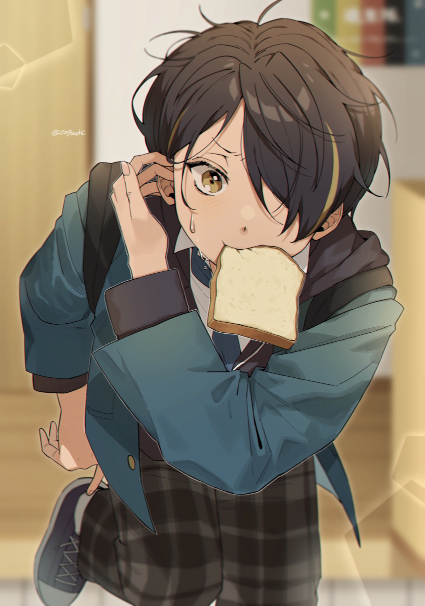 1boy, absurdres, adjusting_footwear, backpack, bag, bent_over, bishounen, black_hair