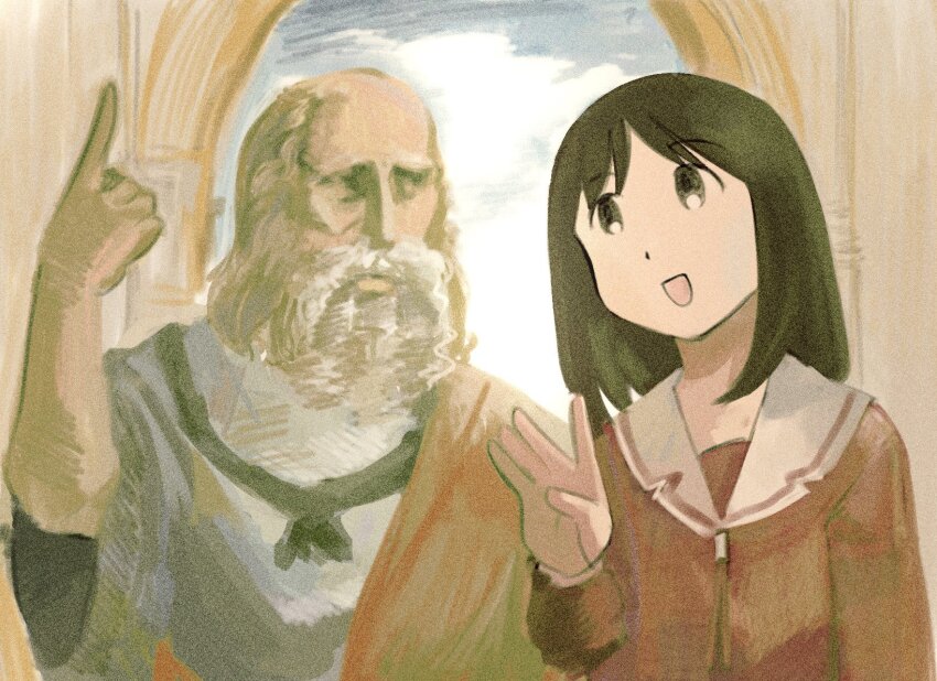 1boy, 1girl, azumanga_daiou, black_eyes, black_hair, commentary, dot_nose, english_commentary, eye_contact, hand_up, highres, kasuga_ayumu, looking_at_another, open_mouth, plato, potsato, red_shirt, sailor_collar, school_uniform, shirt, smile, the_school_of_athens, white_sailor_collar