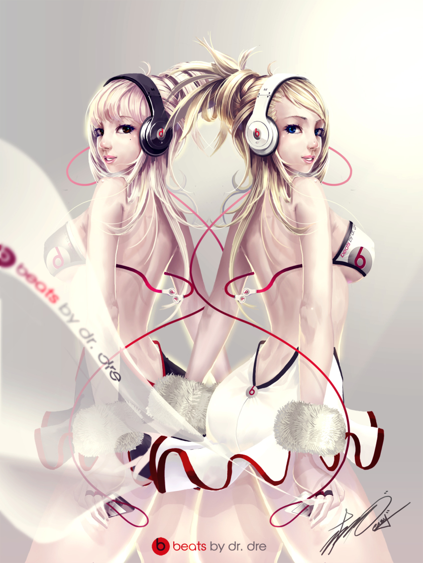 2girls, beats_by_dr._dre, blonde_hair, blue_eyes, brown_eyes, cable, easy_(easycrew), headphones
