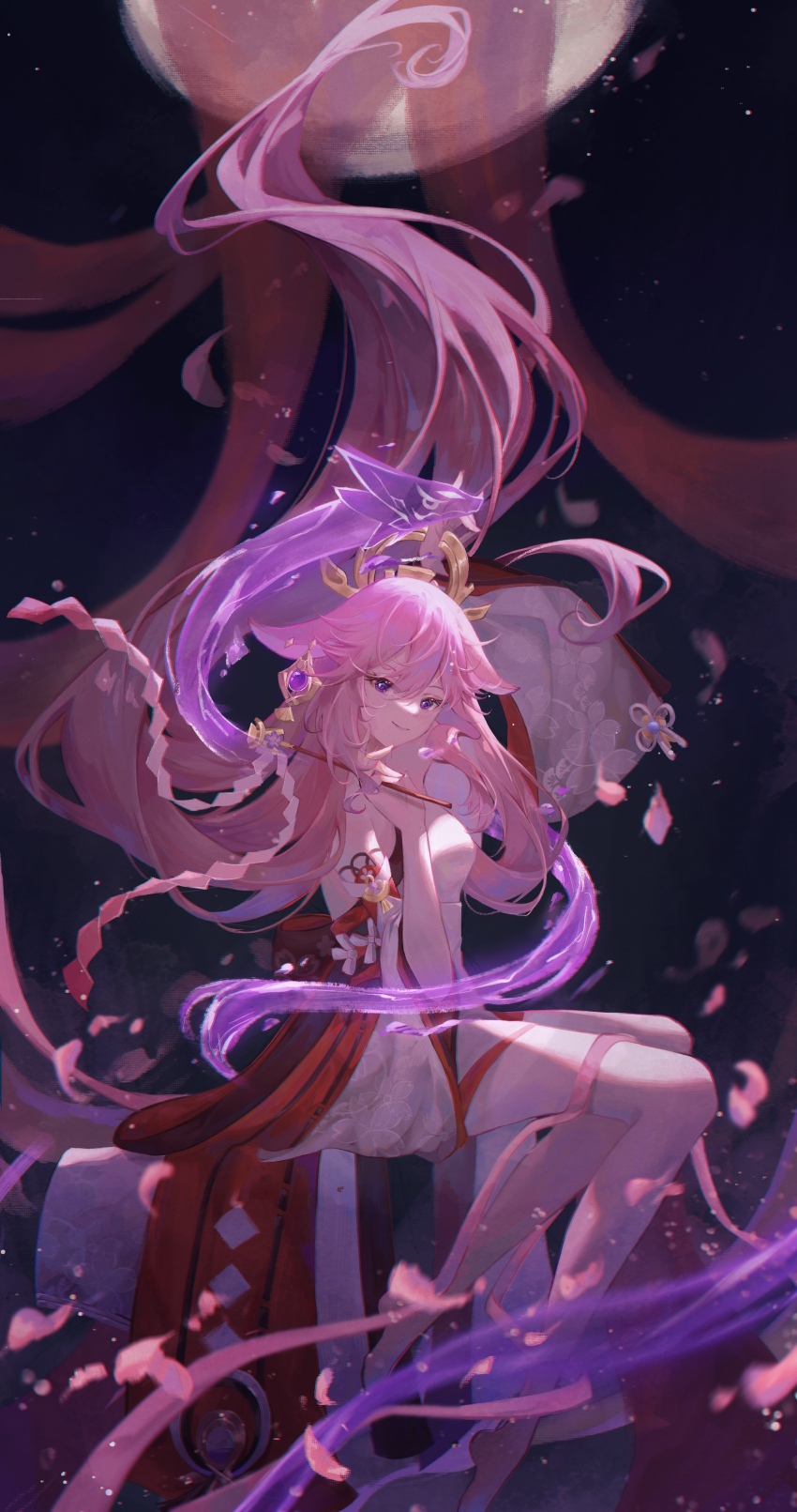 1girl, absurdly_long_hair, absurdres, animal_ears, arm_up, bare_legs, bare_shoulders, barefoot, closed_mouth, commentary, detached_sleeves, electricity, electrokinesis, english_commentary, falling_petals, floating_hair, fox_ears, fox_girl, from_side, full_body, genshin_impact, gohei, hand_up, highres, holding, holding_gohei, japanese_clothes, long_hair, looking_at_viewer, moon, night, nontraditional_miko, petals, pink_hair, purple_eyes, rain_marginals_(rainymi), sitting, sky, smile, solo, very_long_hair, vision_(genshin_impact), wide_sleeves, yae_miko