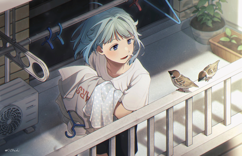 1boy, ahoge, androgynous, animal, artist_name, balcony, bird, black_shorts