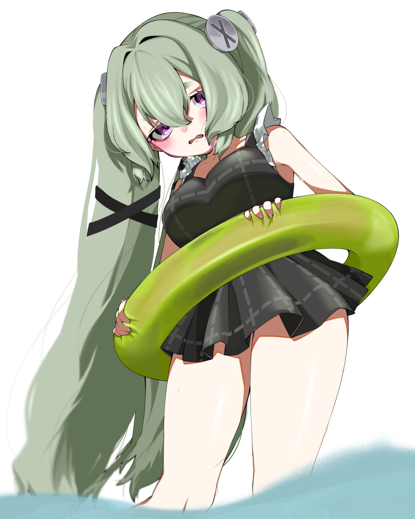 1girl, absurdres, adapted_costume, bare_shoulders, black_dress, blush, breasts, commentary_request, corin_wickes, dress, green_hair, hair_between_eyes, hair_intakes, highres, innertube, long_hair, looking_at_viewer, omochi_(pixiv_73433243), open_mouth, partially_submerged, pink_eyes, screw_hair_ornament, short_dress, simple_background, sleeveless, sleeveless_dress, small_breasts, solo, swim_ring, twintails, very_long_hair, water, white_background, zenless_zone_zero