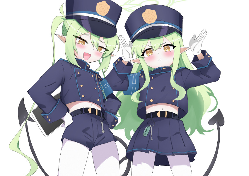 :<, absurdres, armband, black_tail, blue_archive, blue_armband, buttons, cowboy_shot