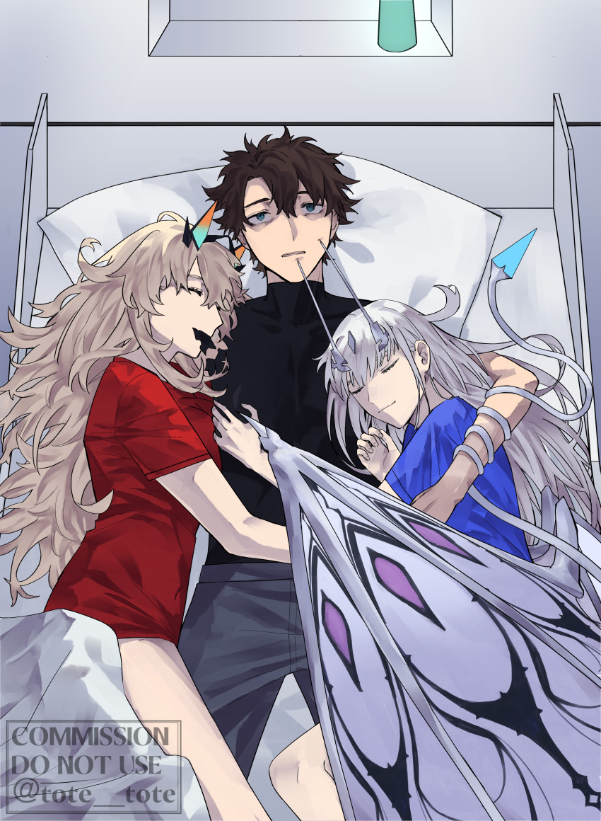 1boy, 2girls, absurdres, barghest_(fate), bed, bed_sheet, black_hair, black_shirt, blonde_hair, blue_eyes, blue_shirt, breasts, collarbone, commission, dragon_girl, dragon_tail, dragon_wings, fate/grand_order, fate_(series), highres, horns, hug, large_breasts, melusine_(fate), multiple_girls, on_bed, pillow, red_shirt, shirt, tail, totetote_x, twitter_username, watermark, white_hair, wings