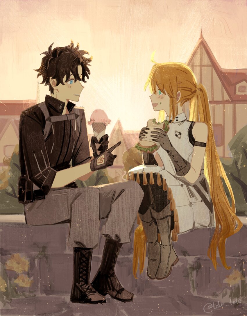 absurdres, artoria_caster_(fate), artoria_pendragon_(fate), black_footwear, black_gloves, black_hair, black_shirt, blue_eyes