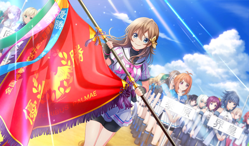 6+girls, arihara_tsubasa, baseball_uniform, belt_pouch, bike_shorts, bike_shorts_under_skirt, black_gloves, black_shorts