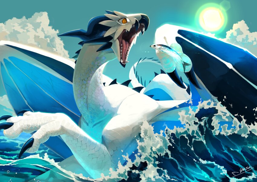 claws, commentary, dragon, dragon_horns, dragon_wings, fish, highres, hisaki_yatori