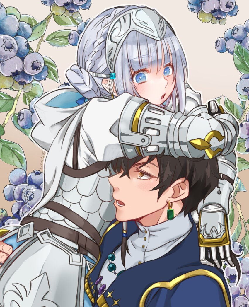 1boy, 1girl, albaird_bergholm, armor, blue_eyes, braid, breastplate, brown_eyes