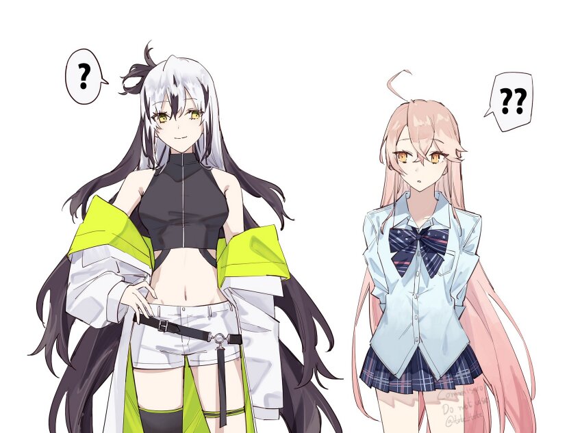 2girls, absurdres, ahoge, bare_shoulders, belt, black_hair, blue_shirt, bow