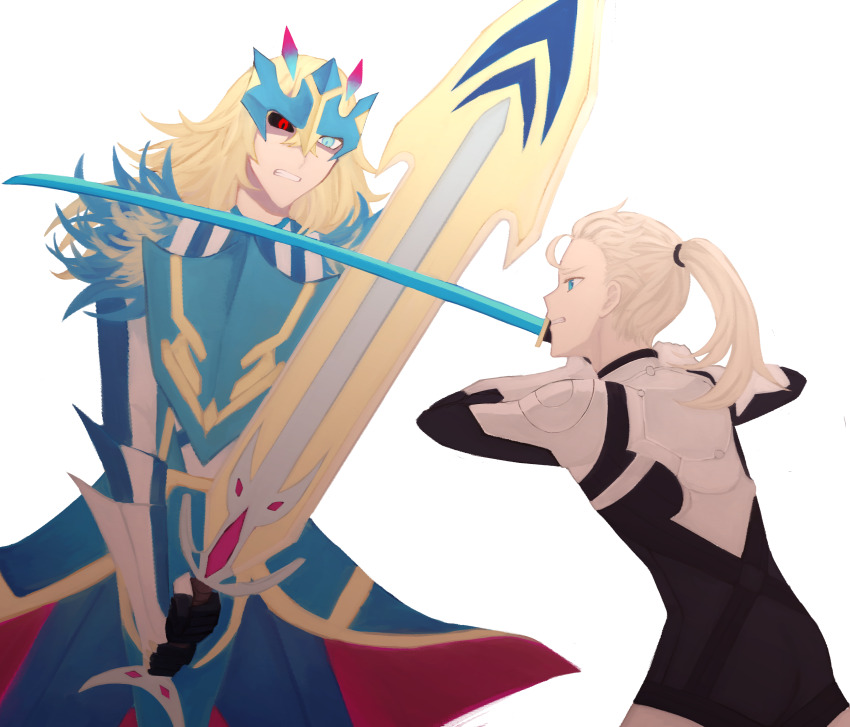 2boys, absurdres, armor, blue_armor, blue_eyes, bodysuit, brothers, fate/grand_order