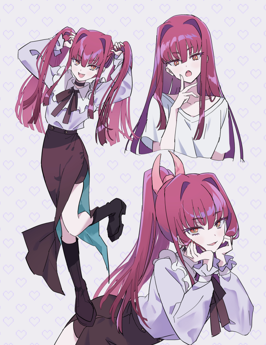 1girl, fangs, full_body, hair_down, hands_on_own_chin, highres, long_hair, looking_at_viewer, mayonaka_punch, ookamirr, open_mouth, ponytail, pose_request, purple_hair, red_eyes, shirt, skirt, smile, solo, white_shirt, yuki_(mayonaka_punch)