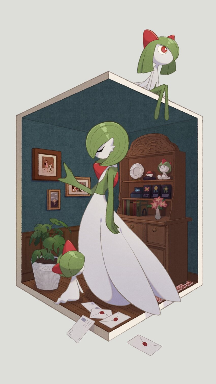 book, bowl_cut, closed_eyes, colored_skin, dress, flower, gardevoir, gardevoir_day