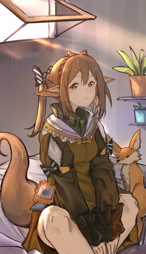 1girl, animal, animal_ears, arknights, brown_dress, brown_eyes, brown_hair, brown_tail