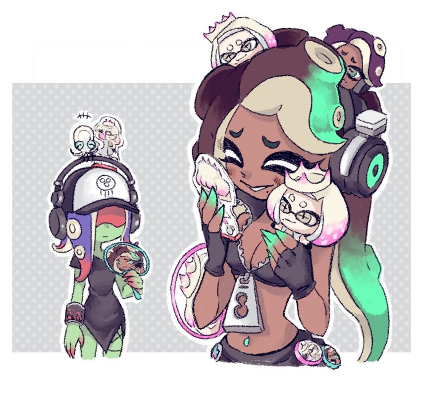 2girls, acrylic_stand_(object), dedf1sh, fanning_self, gari_osushi, hand_fan, headband, headphones, marina_(off_the_hook_outfit)_(splatoon), marina_(splatoon), merchandise, mole, mole_under_mouth, multiple_girls, nintendo, octoling, oshikatsu, paper_fan, pearl_(off_the_hook_outfit)_(splatoon), pearl_(splatoon), pin, smollusk_(splatoon), splatoon_(series), splatoon_3, stuffed_toy, uchiwa