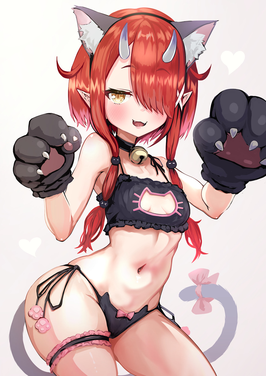 1girl, animal_ear_fluff, animal_ears, animal_hands, bare_shoulders, bell, black_bra, black_choker