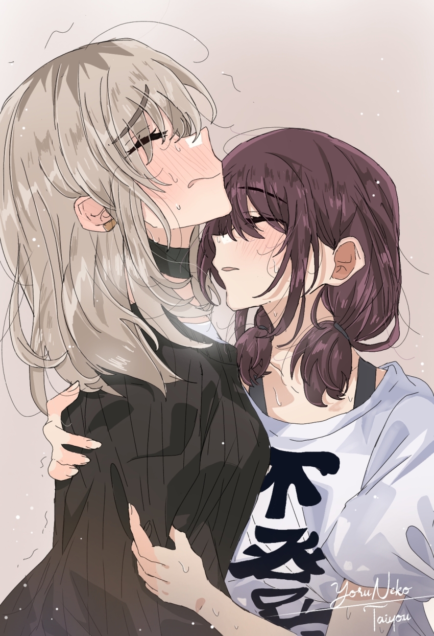 2girls, artist_name, black_choker, black_sweater, brown_hair, choker, closed_eyes, commentary