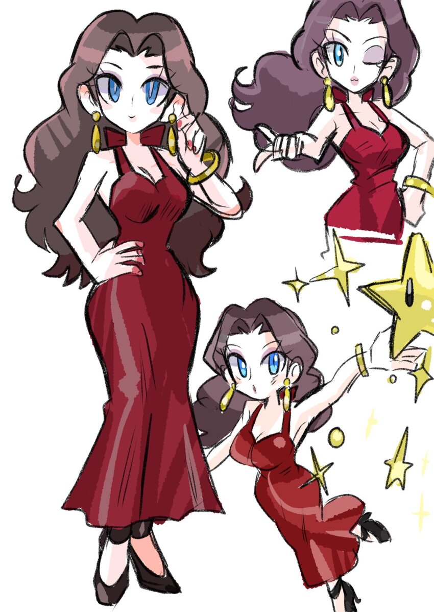 1girl, blue_eyes, breasts, brown_hair, closed_mouth, commentary_request, donkey_kong_(series), dress