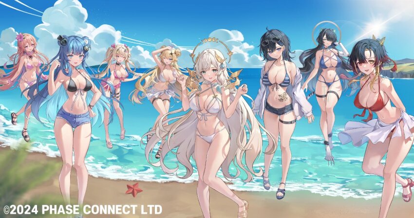 6+girls, animal_ears, aqua_eyes, ayase_yuu, bare_shoulders, beach, bear_ears, bear_girl