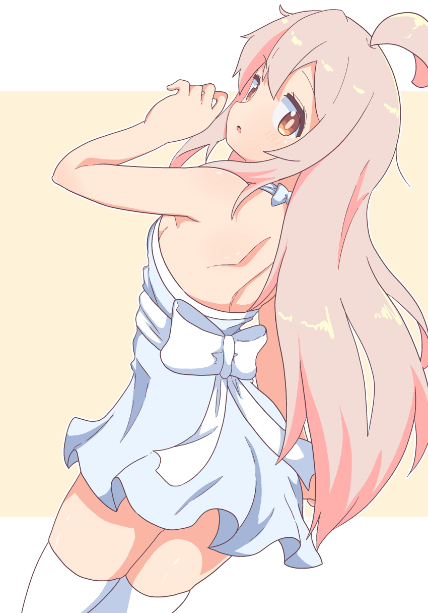 1girl, absurdres, ahoge, alternate_costume, arm_at_side, back_bow, backless_dress, backless_outfit