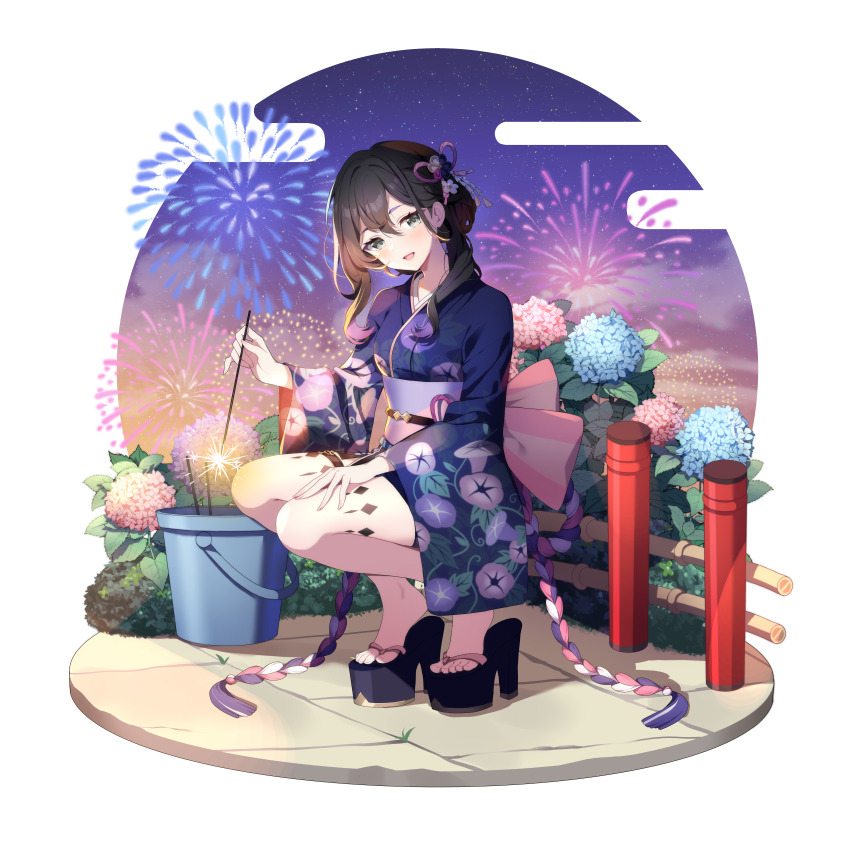 1girl, :d, absurdres, aerial_fireworks, bare_legs, black_footwear, black_hair, blue_flower