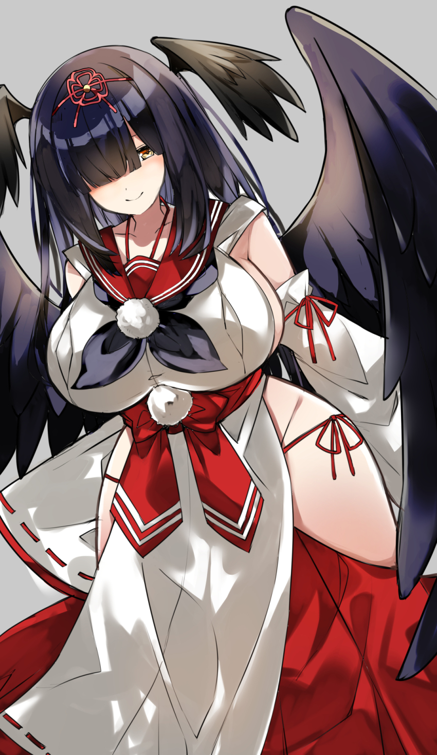 1girl, black_hair, black_wings, blunt_bangs, bombergirl, breasts, clothing_cutout, collarbone, cowboy_shot, detached_sleeves, feathered_wings, groin_tendon, highres, hiiro_(bombergirl), hip_vent, huge_breasts, large_breasts, long_hair, nontraditional_miko, one_eye_covered, panties, pelvic_curtain, side-tie_panties, sideboob, sidelocks, smile, solo, tengu, underwear, urabanasimati, very_long_hair, wide_hips, wings, yellow_eyes