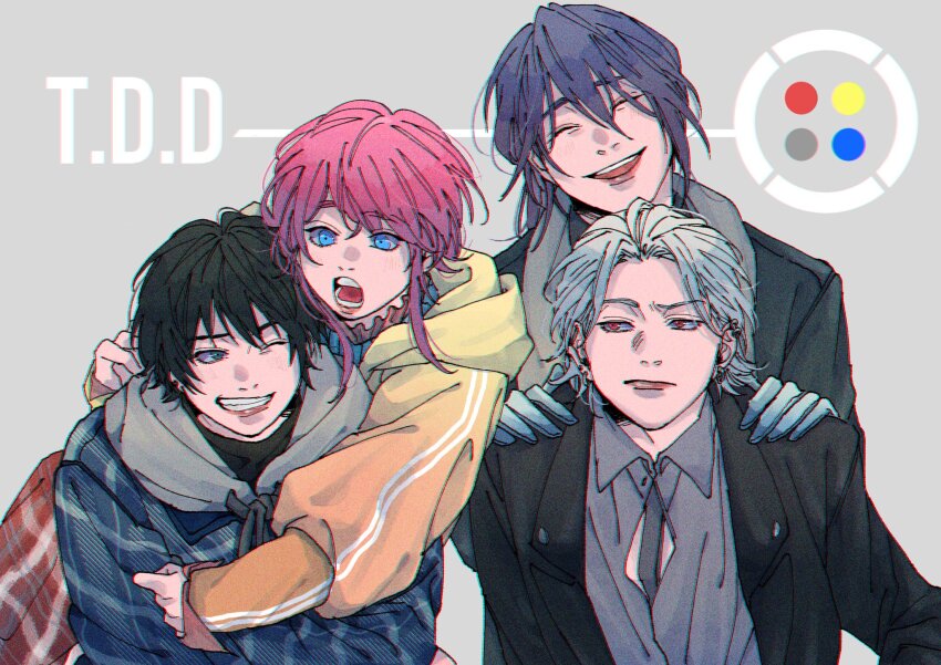 4boys, ^_^, amemura_ramuda, amoanrou, aohitsugi_samatoki, black_hair, black_shirt, blue_eyes