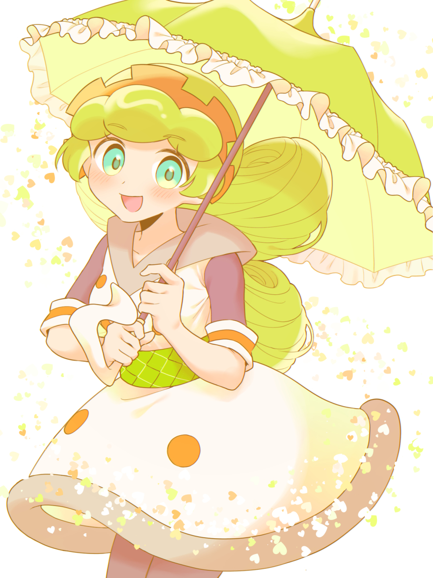 1girl, :d, aqua_eyes, black_pantyhose, black_sleeves, breasts, cowboy_shot, double-parted_bangs, dress, ess_(puyopuyo), green_hair, green_sash, hair_rings, happy, heart, highres, holding, holding_umbrella, light_blush, long_hair, medium_breasts, mikumaringo, open_mouth, over_shoulder, pantyhose, parasol, print_sash, puyopuyo, puyopuyo_tetris, sash, sleeves_rolled_up, smile, solo, tiara, two-handed, umbrella, white_background, white_dress