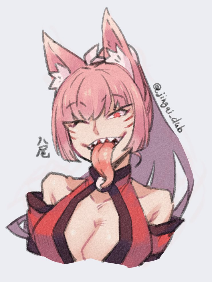 1girl, animal_ear_fluff, animal_ears, bare_shoulders, breasts, cleavage, commentary_request, cropped_torso