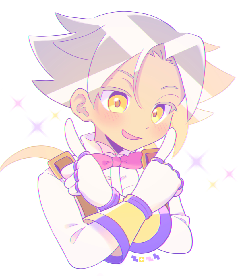 1boy, bow, bowtie, chromatic_aberration, collared_shirt, cropped_torso, curtained_hair, dated